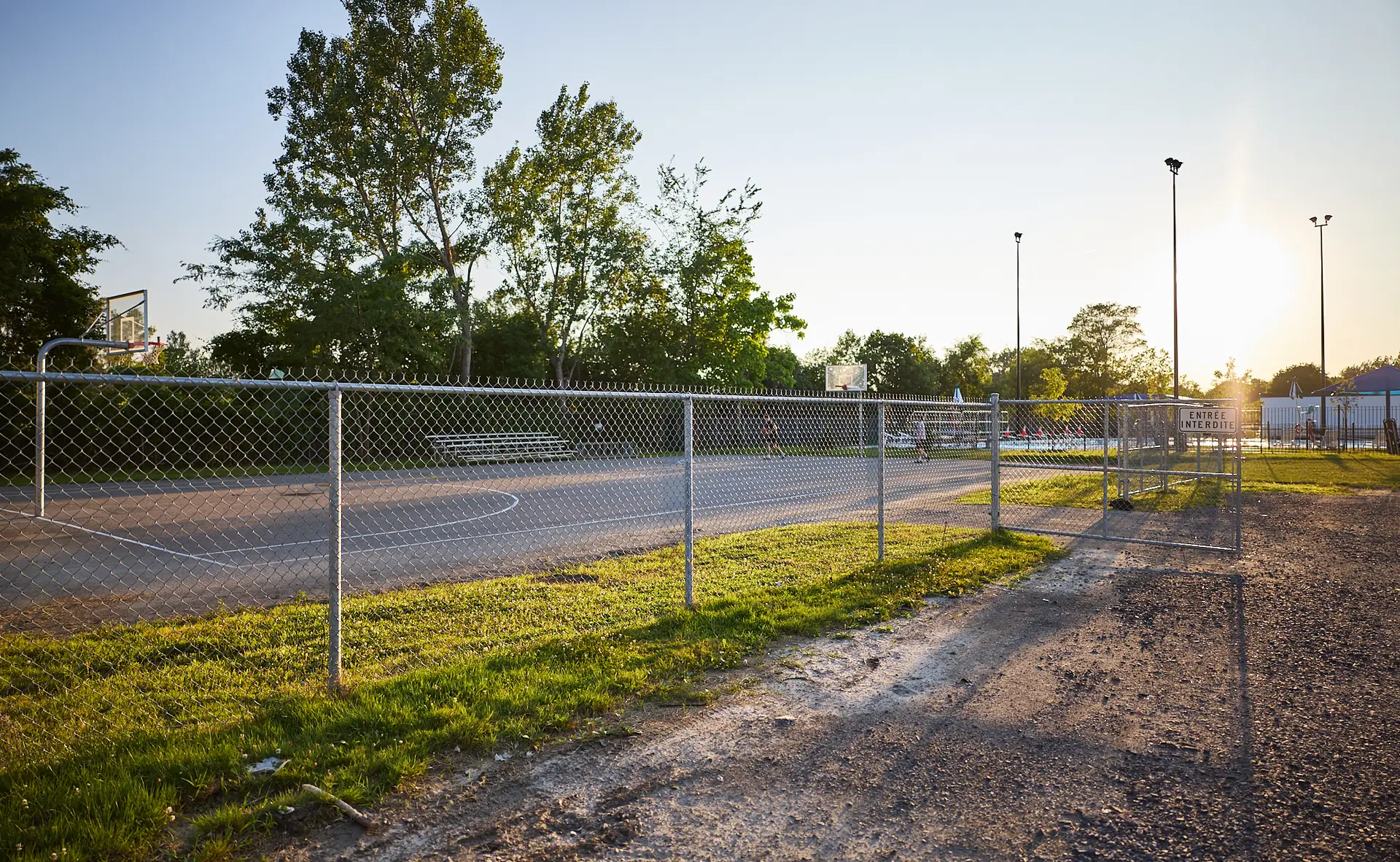 Inter Clôtures Sentinelle Outdoor basketball court enclosed by a chain-link fence, with benches and trees in the background, photographed at sunset. Fence Installation Quebec