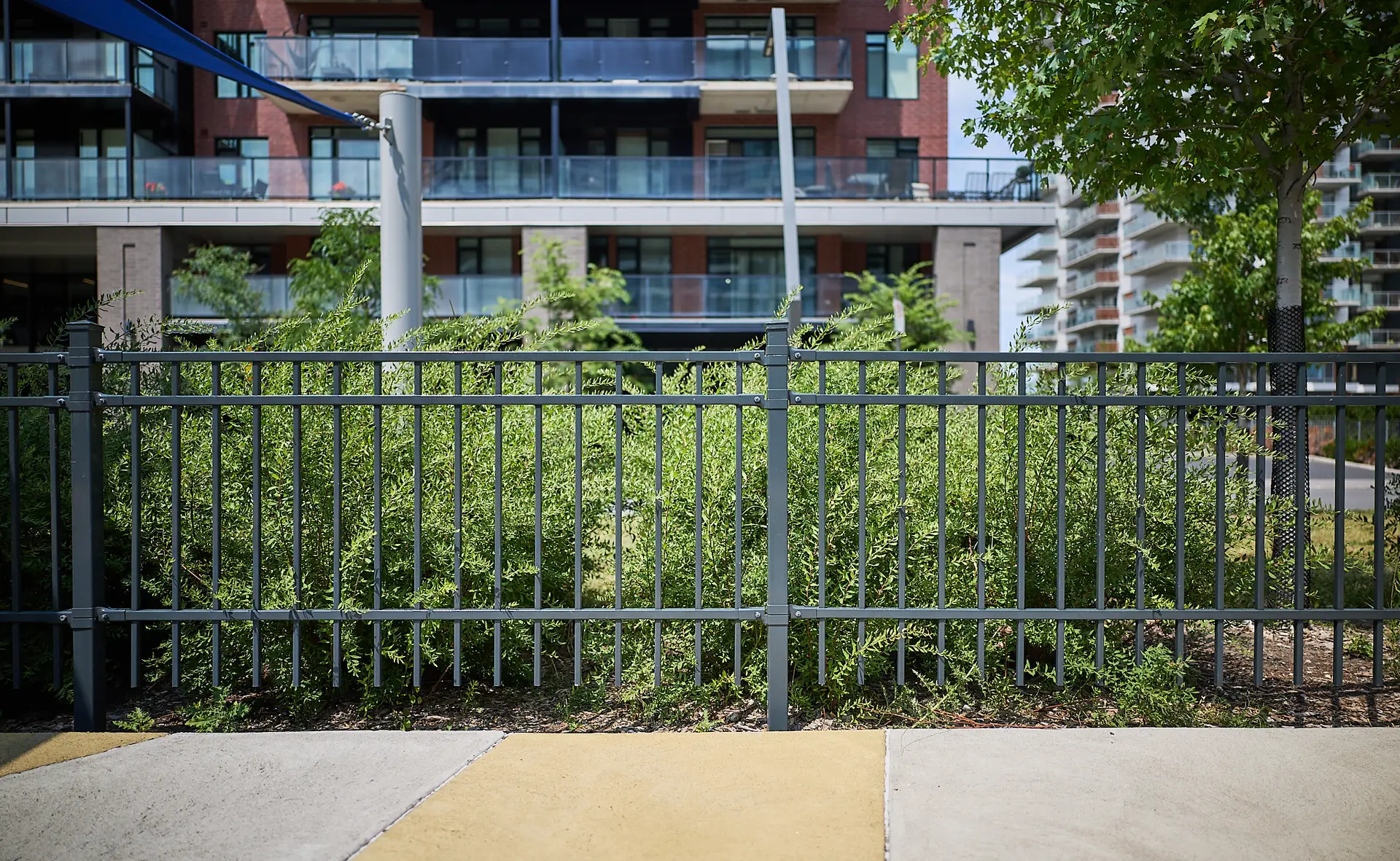 Inter Clôtures Sentinelle A metal fence in front of green shrubs, with apartment buildings and a tree visible in the background on a sunny day. Fence Installation Quebec